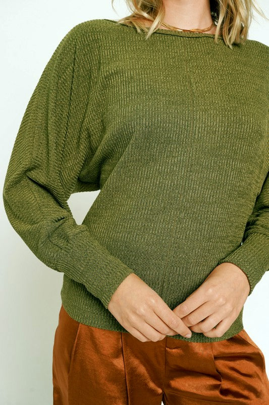 Mystree Microribbed Dolman Knit Tweed Top - Olive