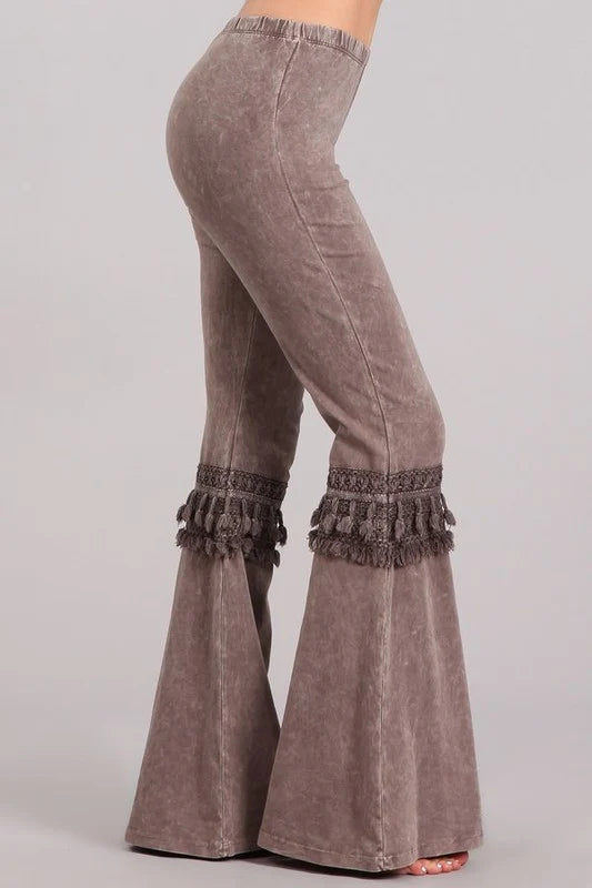 Chatoyant Mineral Wash Bell Bottom Knee Tassel Pants