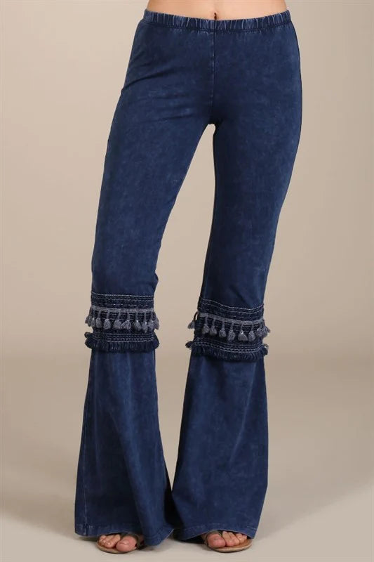 Chatoyant Mineral Wash Bell Bottom Knee Tassel Pants