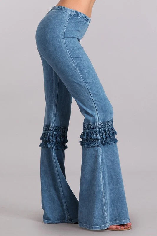 Chatoyant Mineral Wash Bell Bottom Knee Tassel Pants