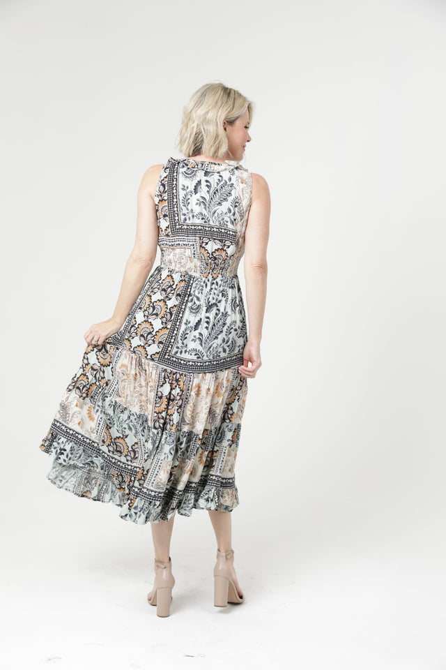 Bohemian Patchwork Below Knee Midi Dress - Light Mint