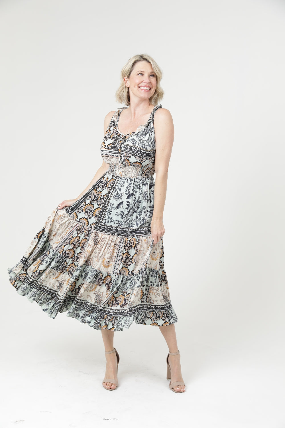 Bohemian Patchwork Below Knee Dress - Light Mint