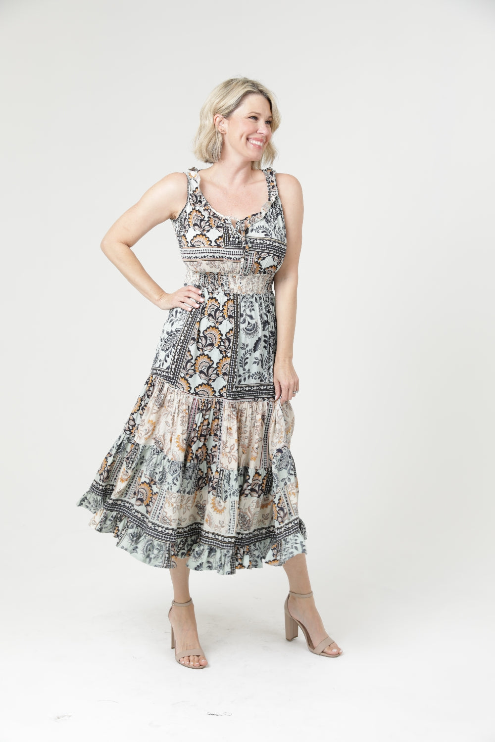 Bohemian Patchwork Below Knee Dress - Light Mint