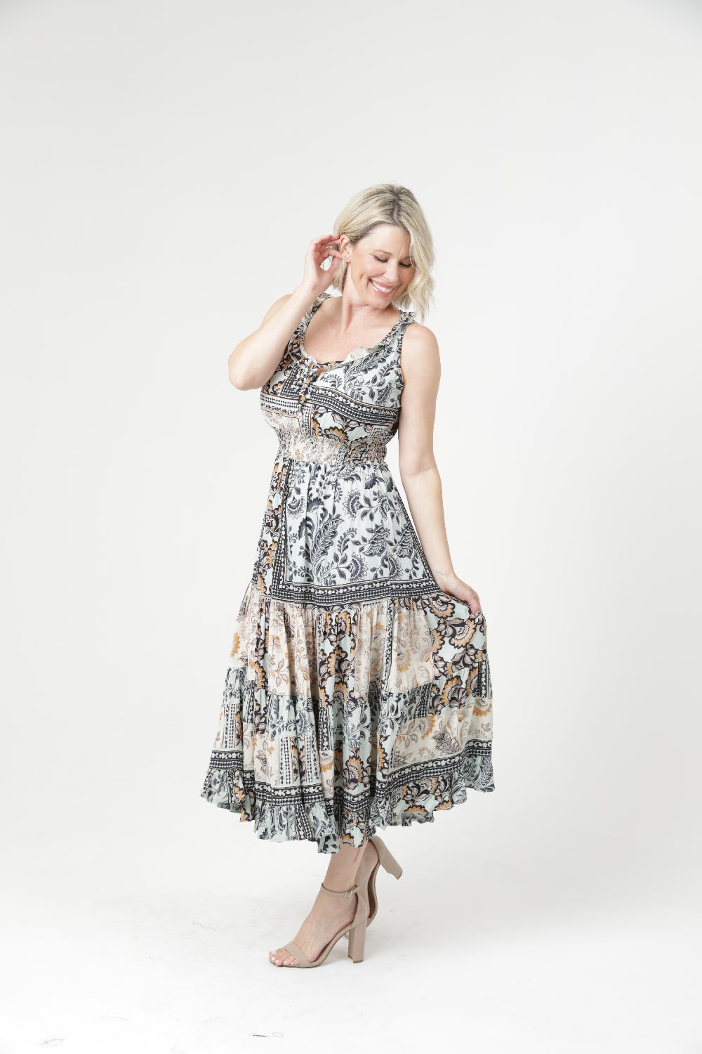 Bohemian Patchwork Below Knee Dress - Light Mint