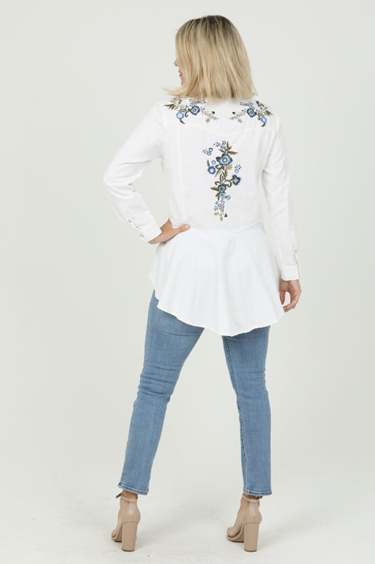 Denim Embroidered Peplum Back Top - White