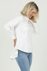 Denim Embroidered Peplum Back Top - White