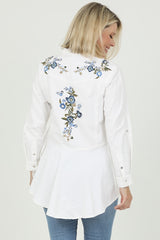 Denim Embroidered Peplum Back Top - White