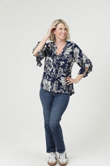 Boho Tropical Split V Neck Blouse - Navy