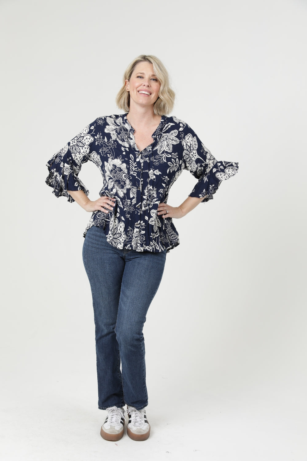 Boho Tropical Split V Neck Blouse - Navy