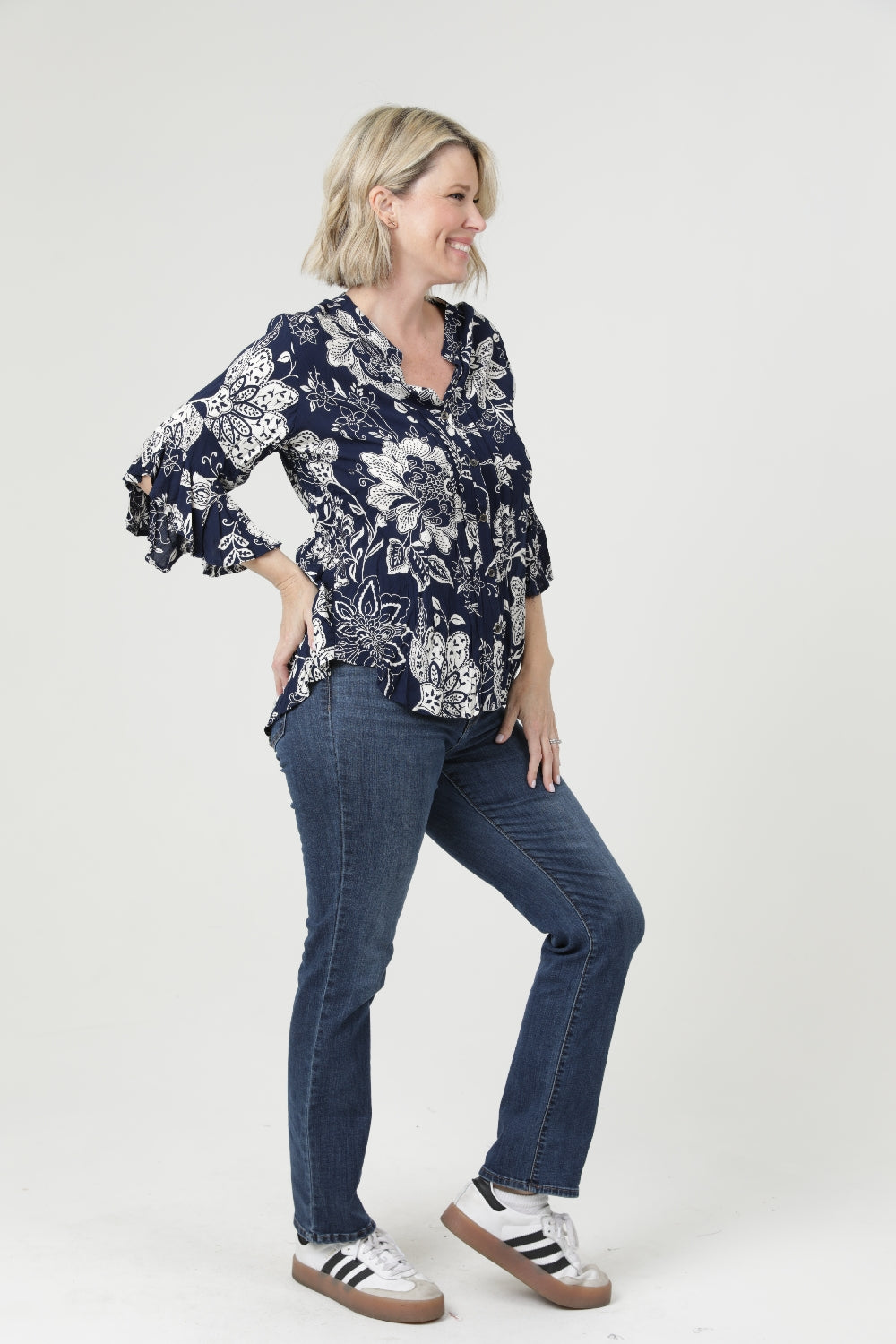 Boho Tropical Split V Neck Blouse - Navy