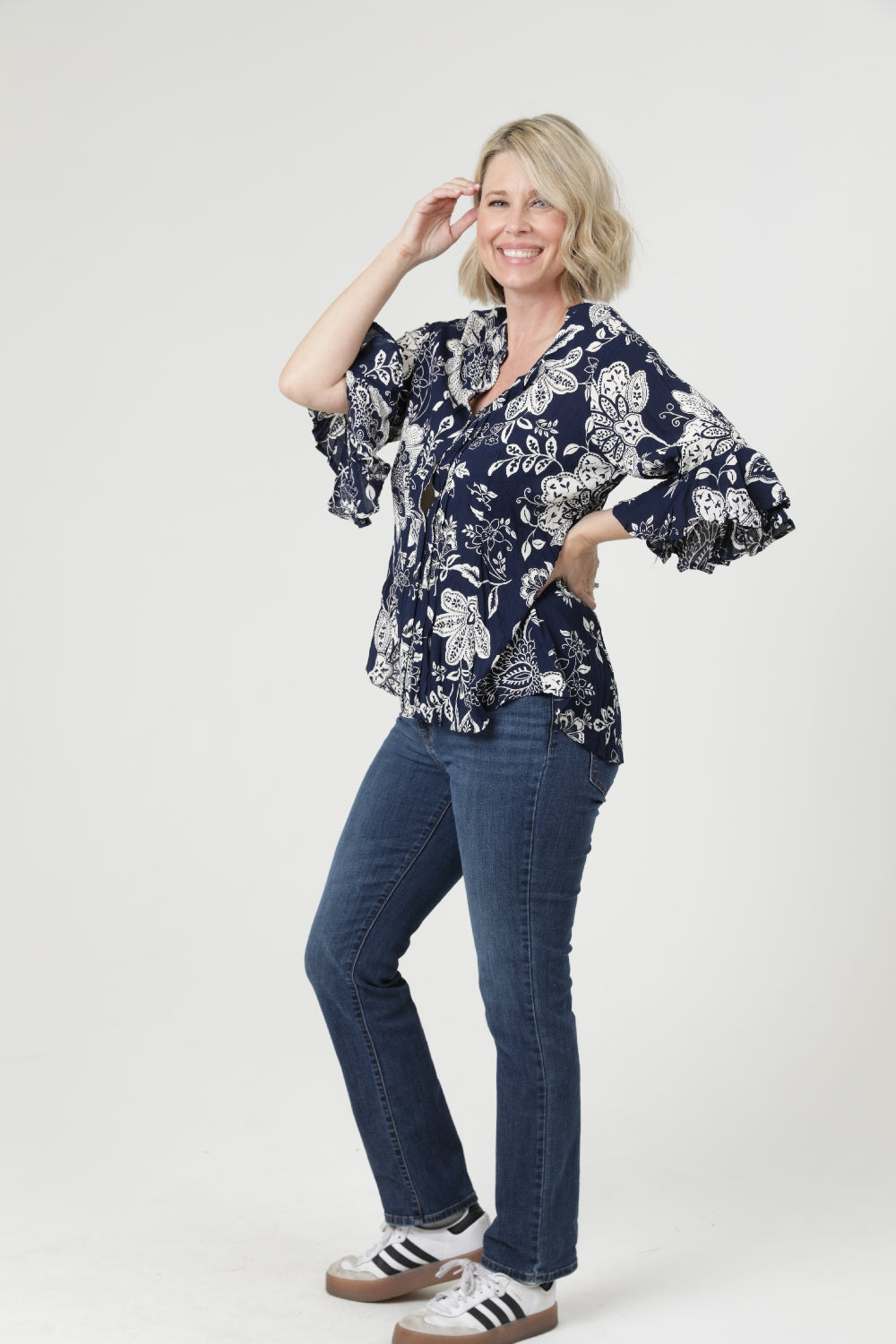 Boho Tropical Split V Neck Blouse - Navy