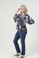 Boho Tropical Split V Neck Blouse - Navy