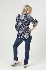Boho Tropical Split V Neck Blouse - Navy