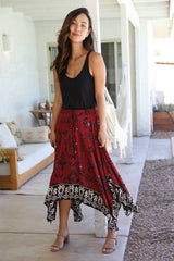 Ethnic Border Print Handkerchief Midi Skirt - Wine