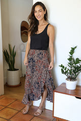 Floral Ruffle Hem Side Slit Midi Skirt - Black Multi
