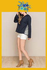 Monoreno Back Floral Lace Zip Up Hoodie - Navy