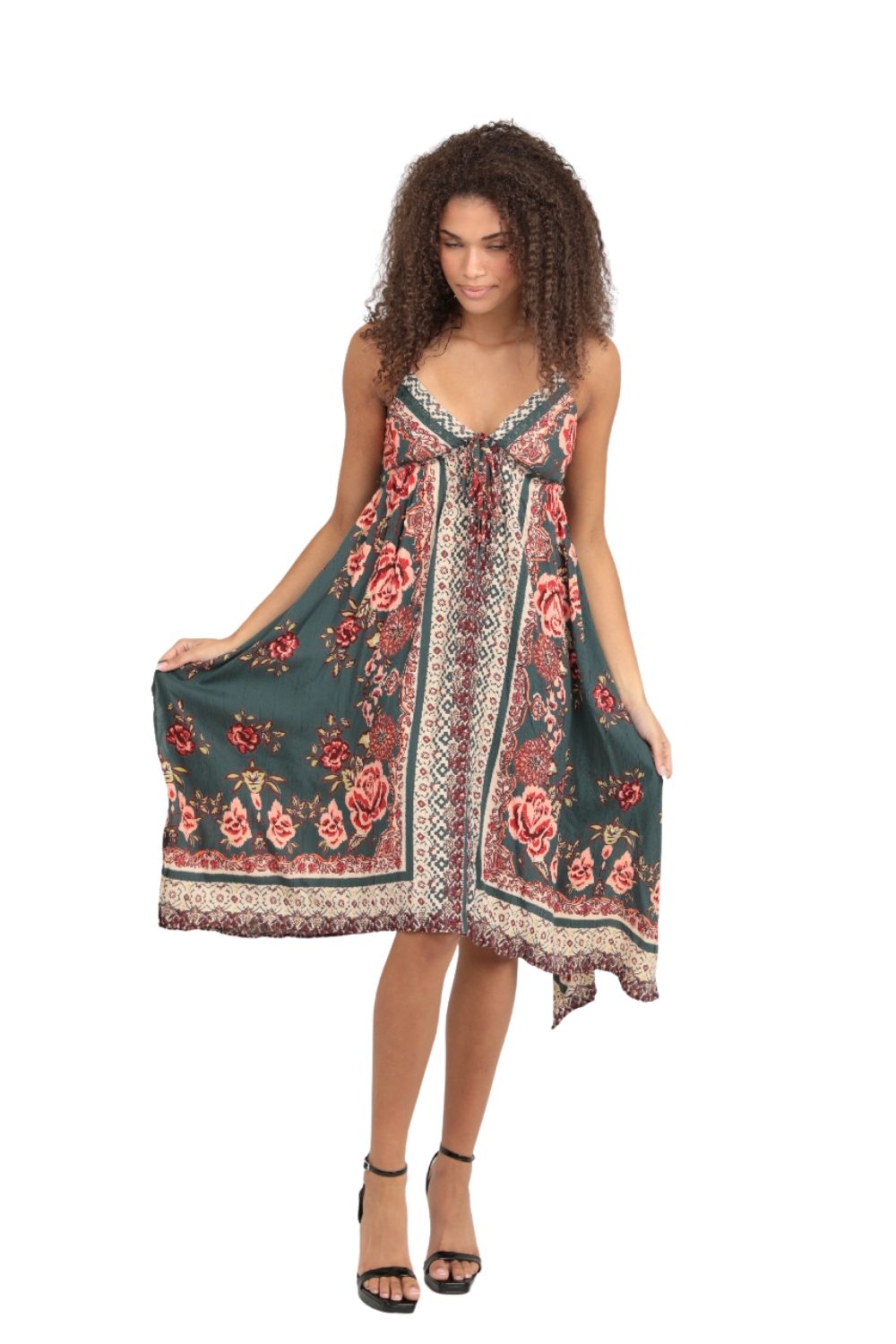 Angie Peasant Floral Handkerchief Dress - Olive