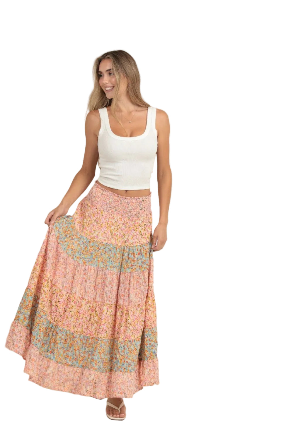 Angie Wide Floral Striped Maxi Skirt - Multicolor