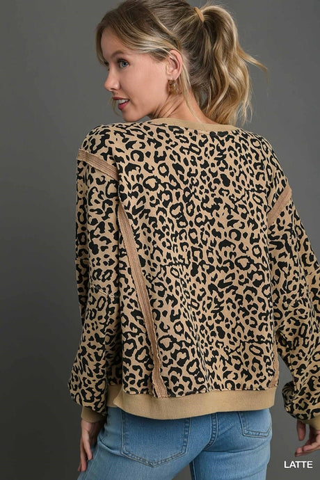 Umgee Oversize Washed Leopard French Terry Top - Latte