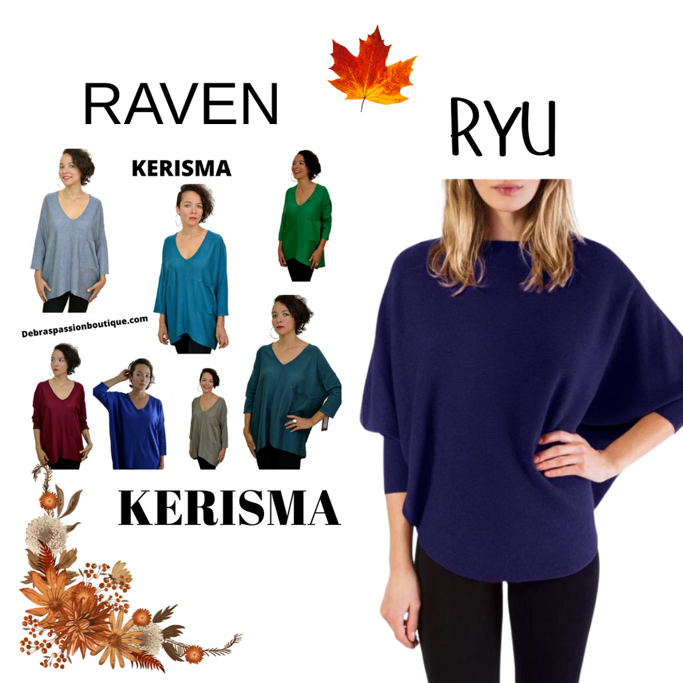 Collage of women wearing blue tops with brand names 'Raven', 'Kerisma', and 'Ryu' displayed