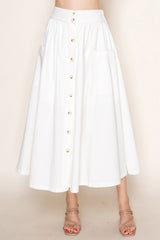 High Waist Button Front Midi Skirt With Pockets - Soft Off White