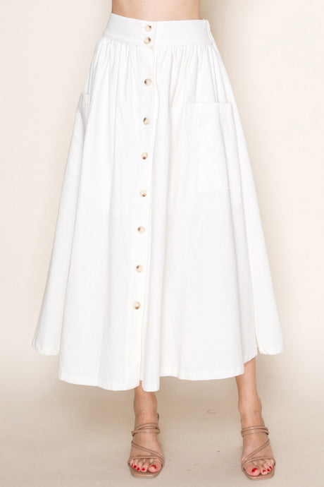 High Waist Button Front Midi Skirt With Pockets - White