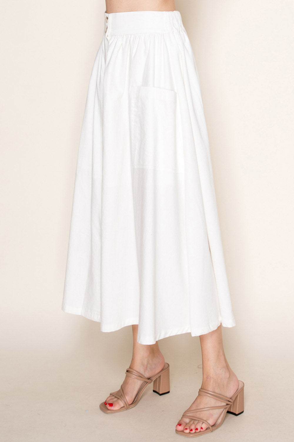 High Waist Button Front Midi Skirt With Pockets - Soft Off White