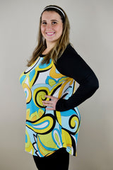 Mod Swirl Stretchy Plus Raglan Tunic - Multicolor Black