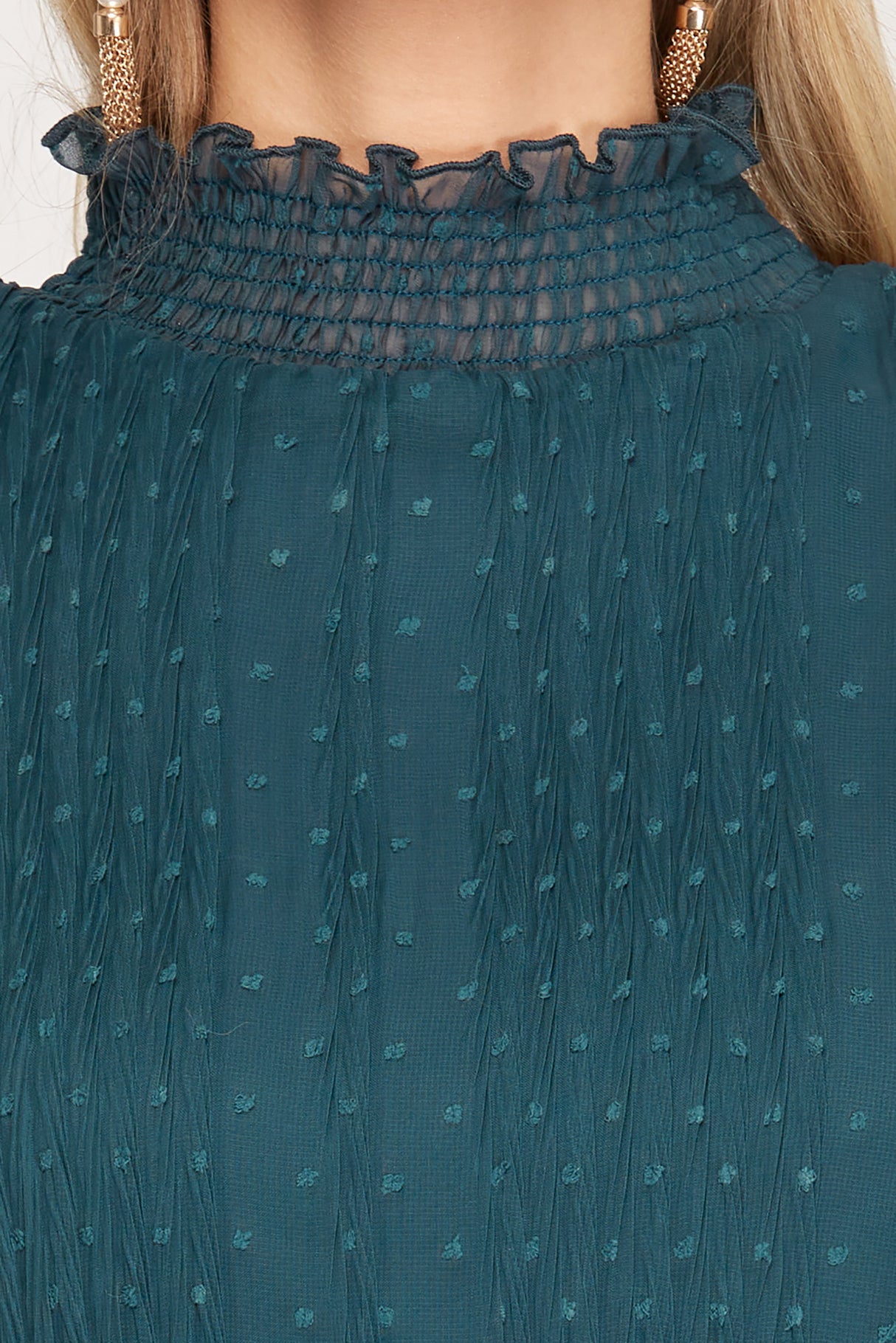 Elegant Swiss Dot Smocked Neck Blouse - Teal