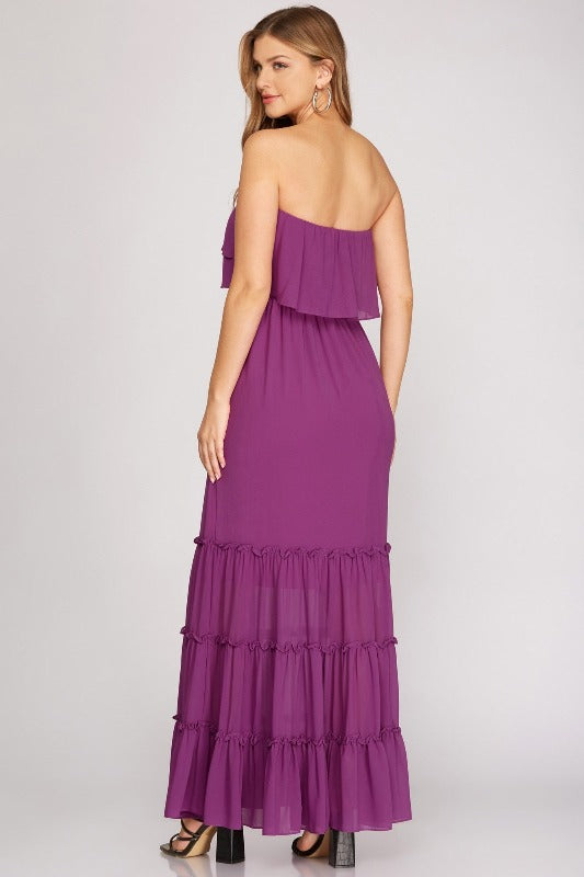 Strapless Tube Tiered Maxi Dress - Magenta Purple