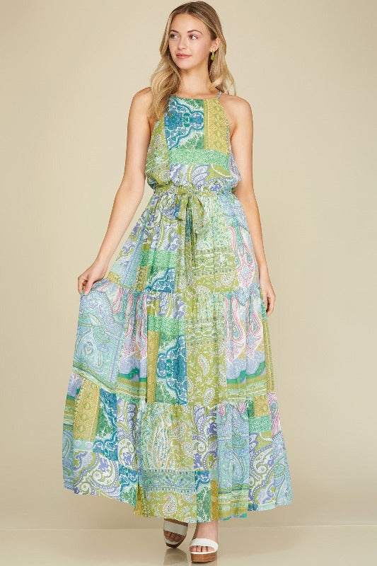 Chiffon Patchwork Tiered Maxi Dress
