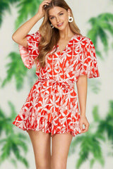 She + Sky Short Sleeve Tropical Floral Print Romper - Red