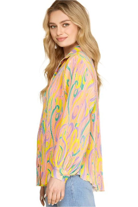 *SALE She + Sky Print Plisse Shirt Blouse - Banana/Pink
