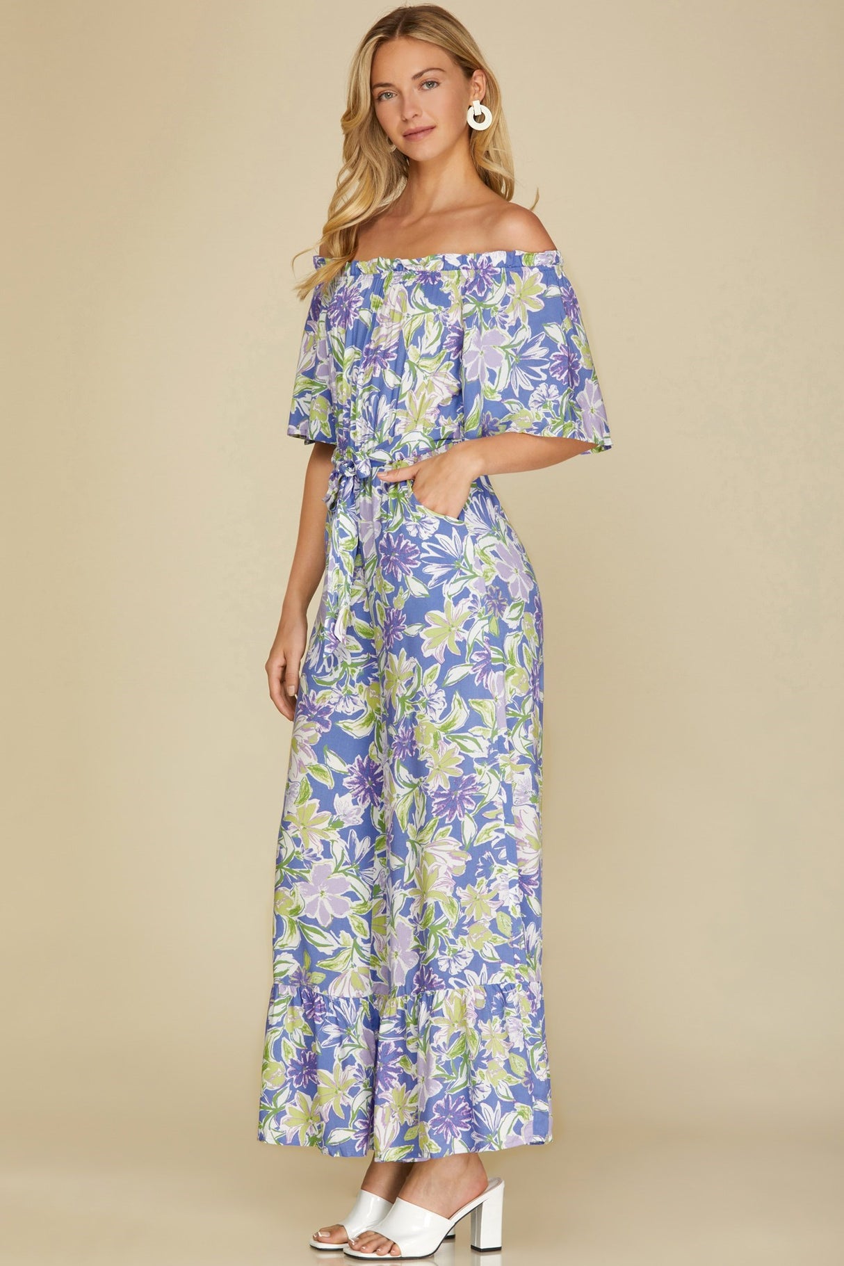 She + Sky Ruffled Off Shoulder Flowy Jumpsuit - Violet Blue