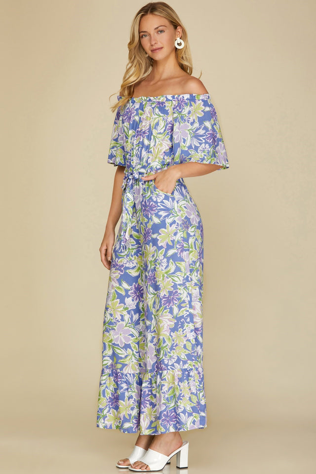 She + Sky Ruffled Off Shoulder Flowy Jumpsuit - Violet Blue