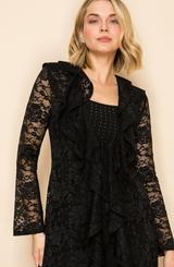 Vocal Elegant Sheer Ruffle Neck Lace Cardigan - Black