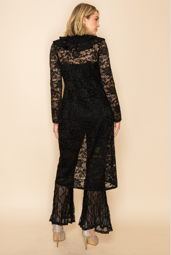 Vocal Elegant Sheer Ruffle Neck Lace Cardigan - Black