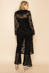 Vocal Elegant Sheer Ruffle Neck Lace Cardigan - Black