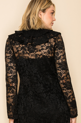 Vocal Elegant Sheer Ruffle Neck Lace Cardigan - Black