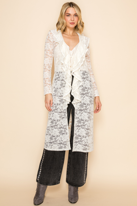 Vocal Elegant Sheer Ruffle Neck Lace Cardigan - Cream Off White