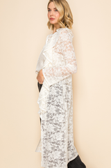 Vocal Elegant Sheer Ruffle Neck Lace Cardigan - White