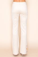 Vocal Retro Embroidered Suede Flare Jeans Pants - Natural