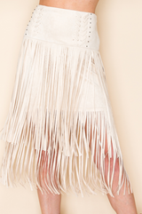 Vocal Lace Detail Suede Fringe Skirt - Natural