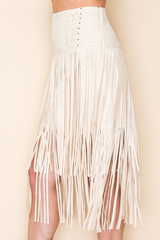 Vocal Lace Detail Suede Fringe Skirt - Natural