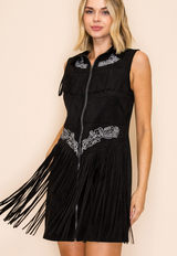 Vocal Western Fringe Suede-Look Zip-Up Mini Dress – Black