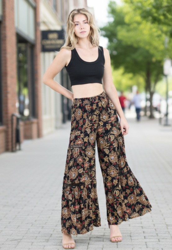 Angie Boho Floral Print Pants - Black