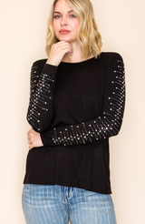 Vocal Sparkling Cascade Rhinestone Embellished Sleeve Top - Black