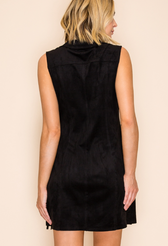 Vocal Western Fringe Suede-Look Zip-Up Mini Dress – Black