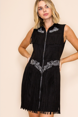 Vocal Western Fringe Suede-Look Zip-Up Mini Dress – Black