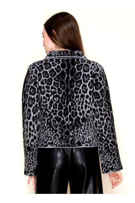 Leopard Print Knit Button Down Jacket - Black